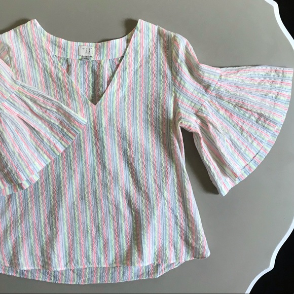 A NEW DAY Seersucker Ruffle Bell Sleeve Metallic Sparkle Neon Striped Blouse - Picture 5 of 9